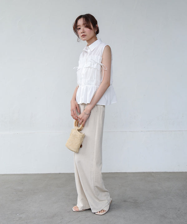 リボンギャザーノースリーブブラウス