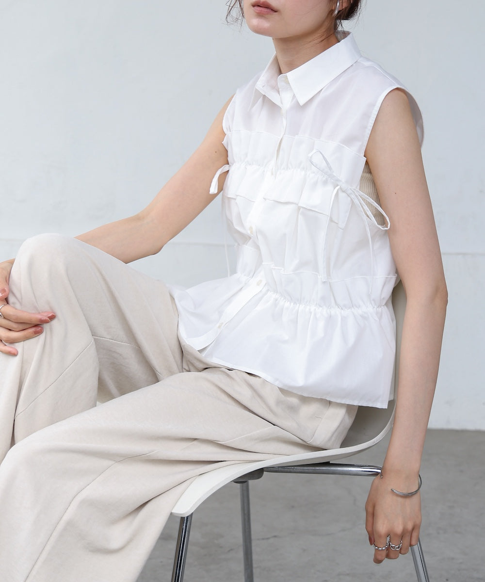 リボンギャザーノースリーブブラウス