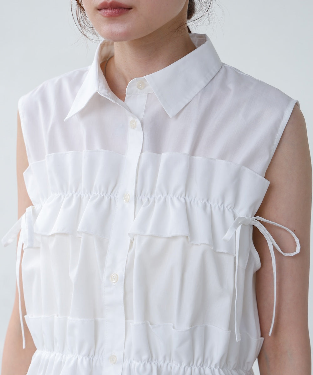 リボンギャザーノースリーブブラウス
