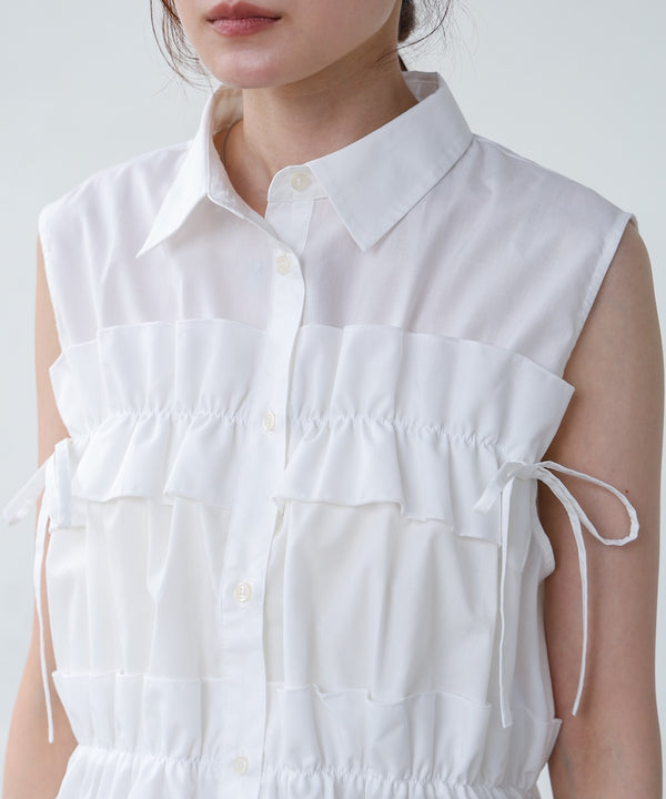 リボンギャザーノースリーブブラウス