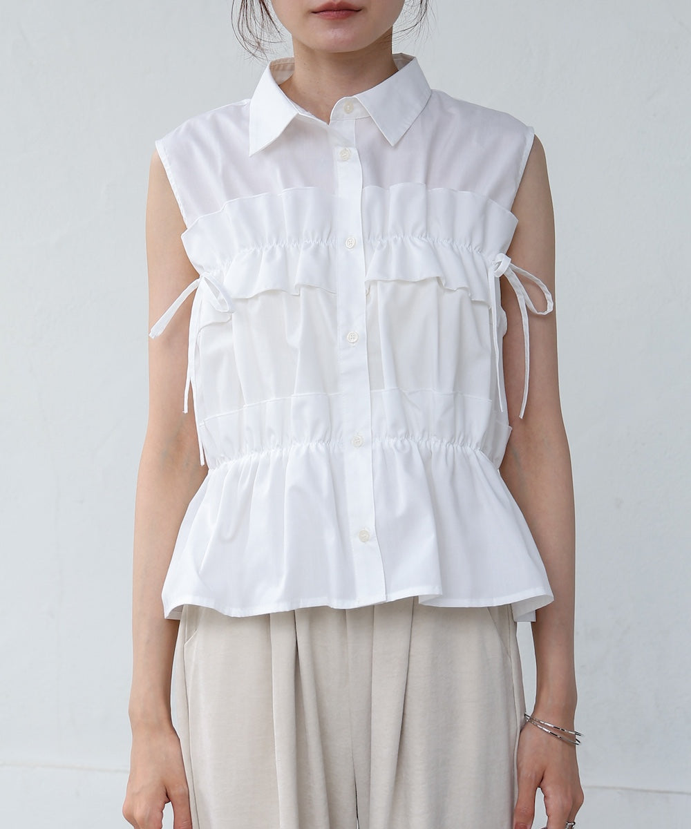 リボンギャザーノースリーブブラウス