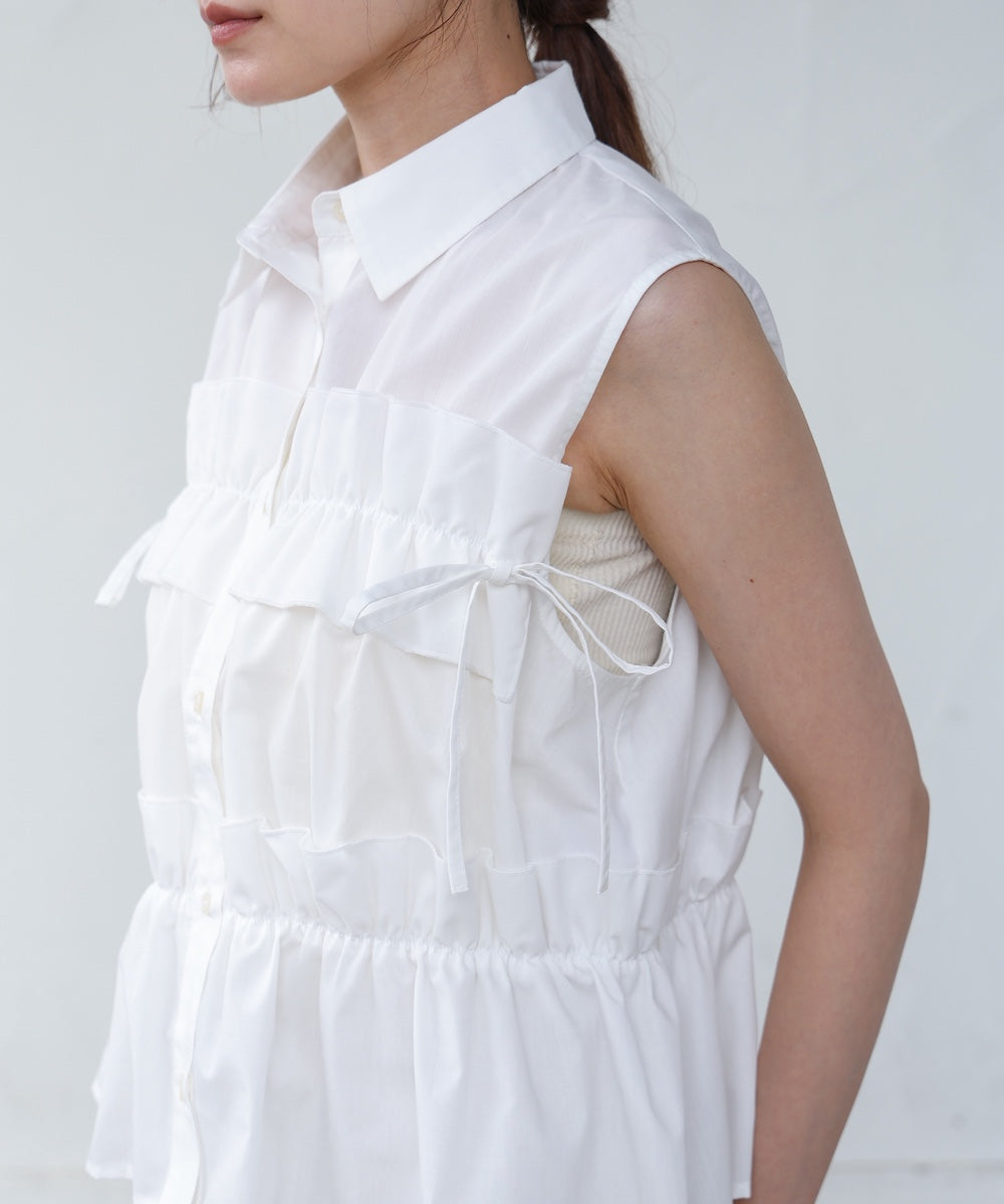 リボンギャザーノースリーブブラウス