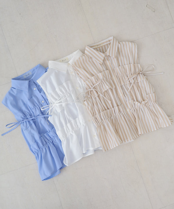 リボンギャザーノースリーブブラウス