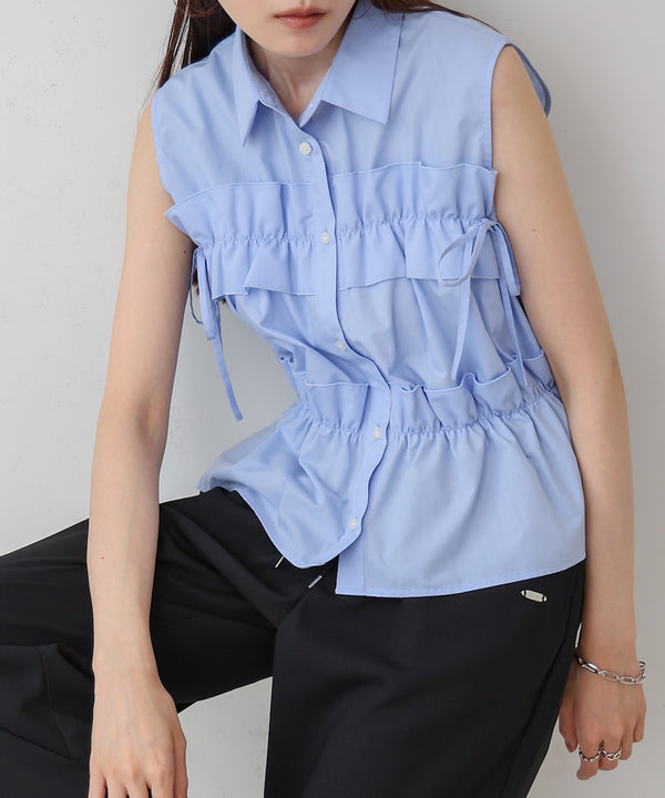 リボンギャザーノースリーブブラウス