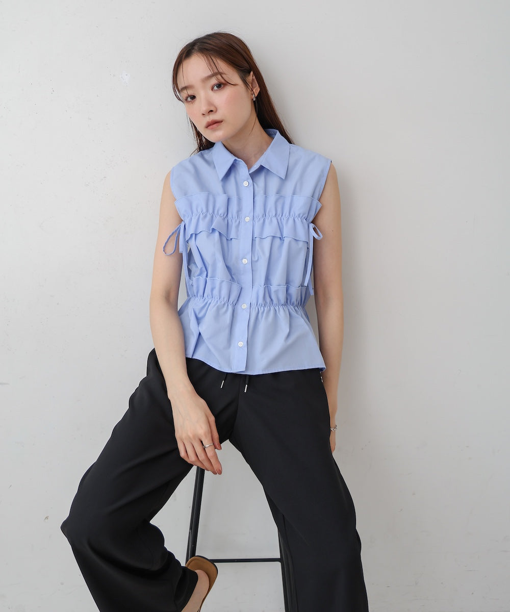 リボンギャザーノースリーブブラウス