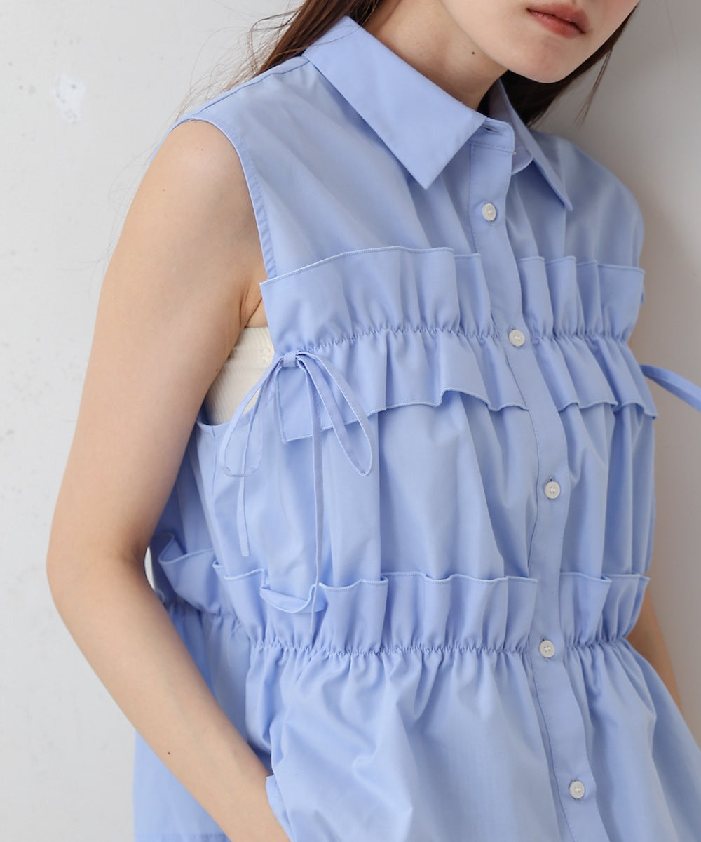 リボンギャザーノースリーブブラウス