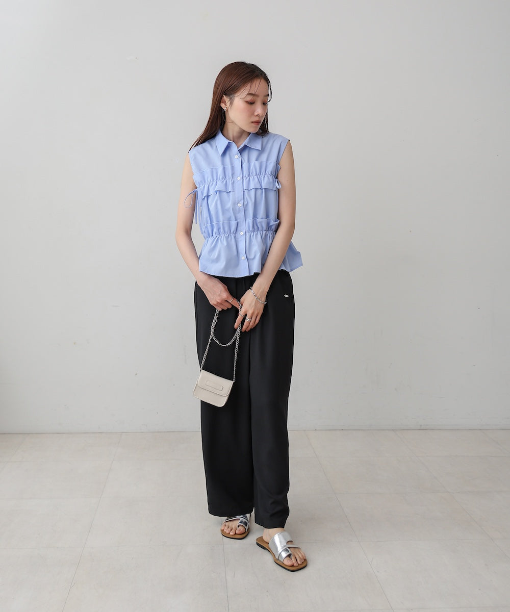 リボンギャザーノースリーブブラウス