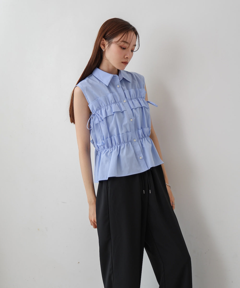 リボンギャザーノースリーブブラウス