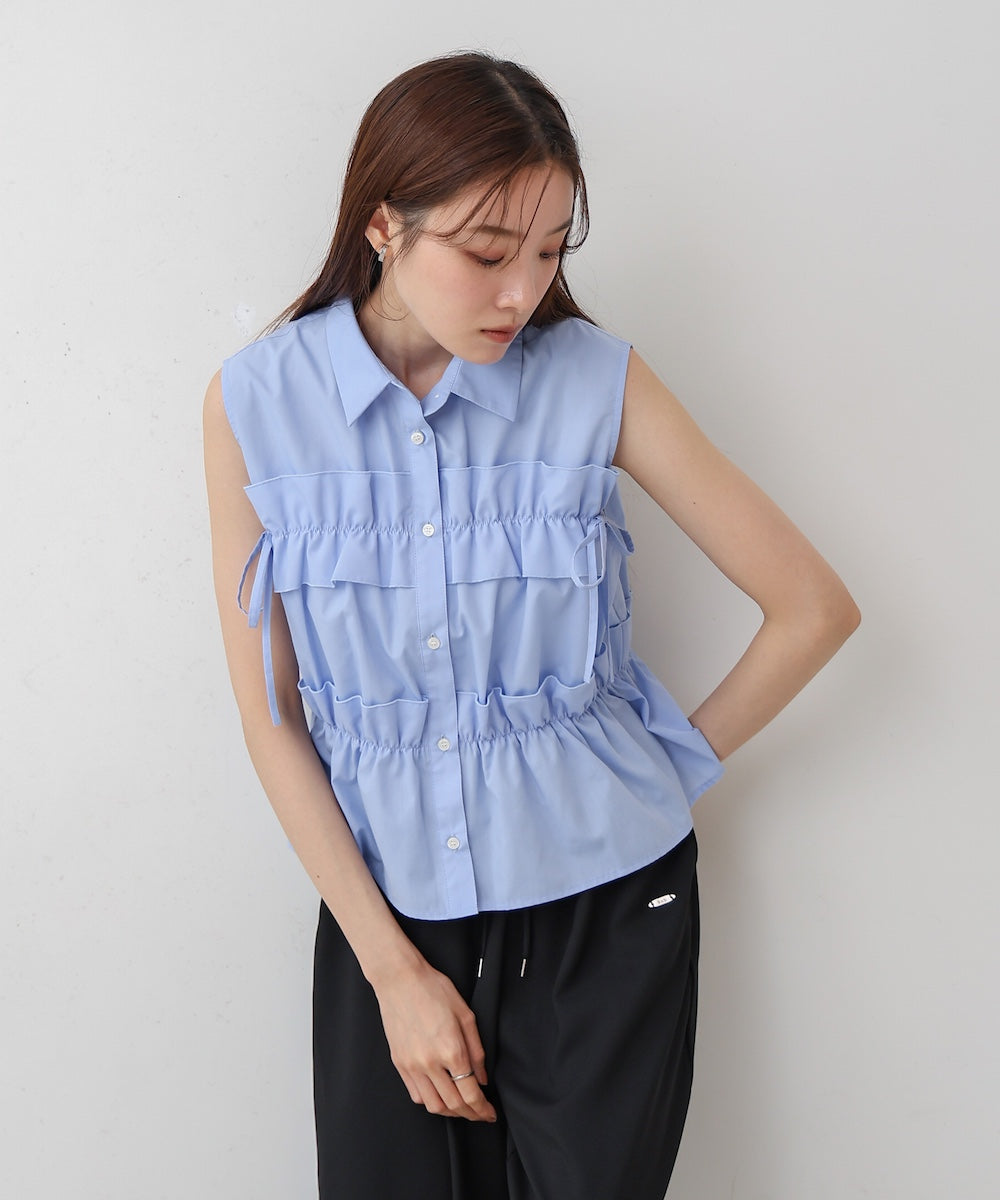 リボンギャザーノースリーブブラウス