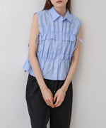 リボンギャザーノースリーブブラウス