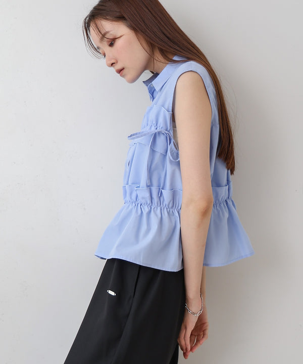 リボンギャザーノースリーブブラウス