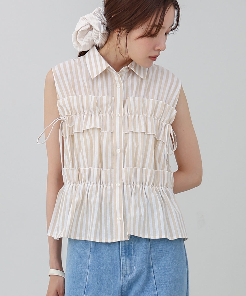 リボンギャザーノースリーブブラウス