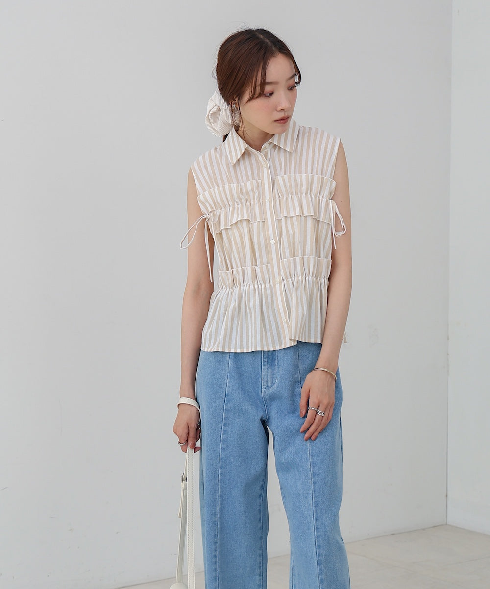 リボンギャザーノースリーブブラウス