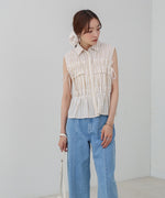 リボンギャザーノースリーブブラウス