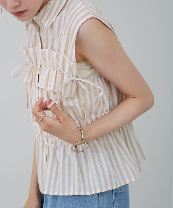 リボンギャザーノースリーブブラウス