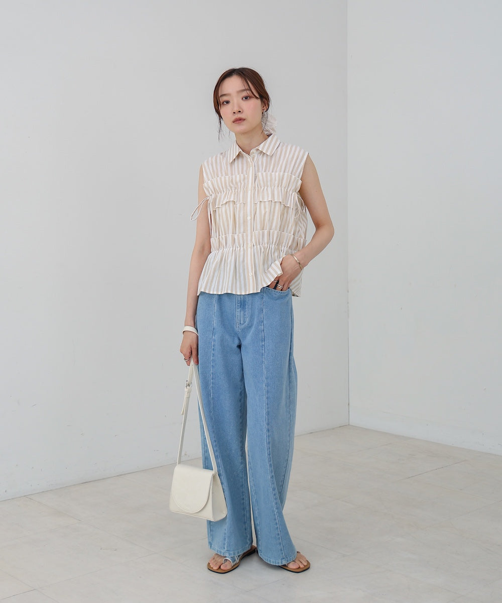 リボンギャザーノースリーブブラウス