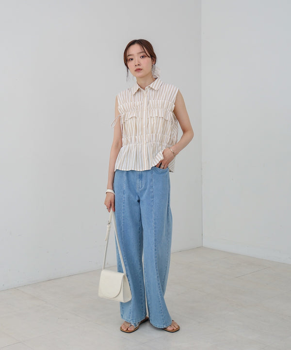 リボンギャザーノースリーブブラウス