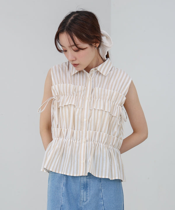 リボンギャザーノースリーブブラウス