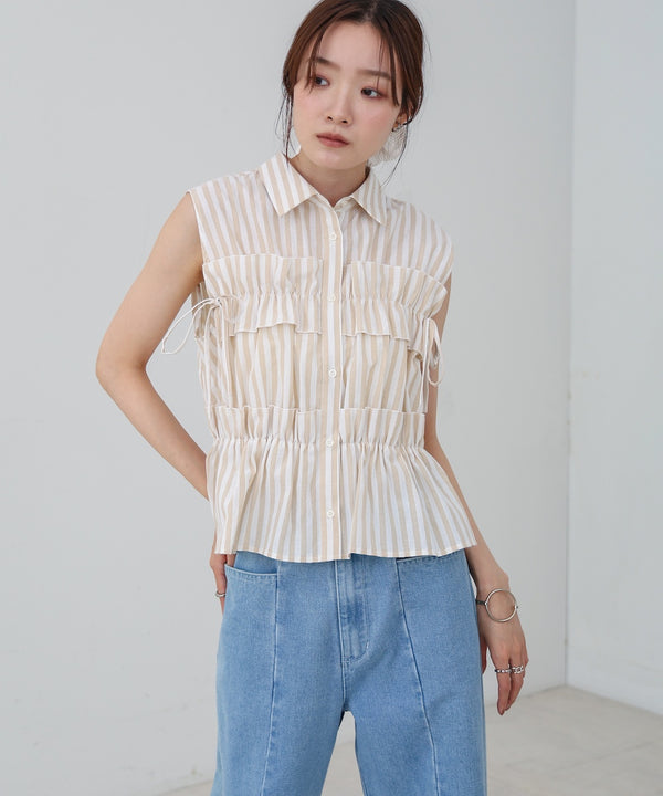 リボンギャザーノースリーブブラウス