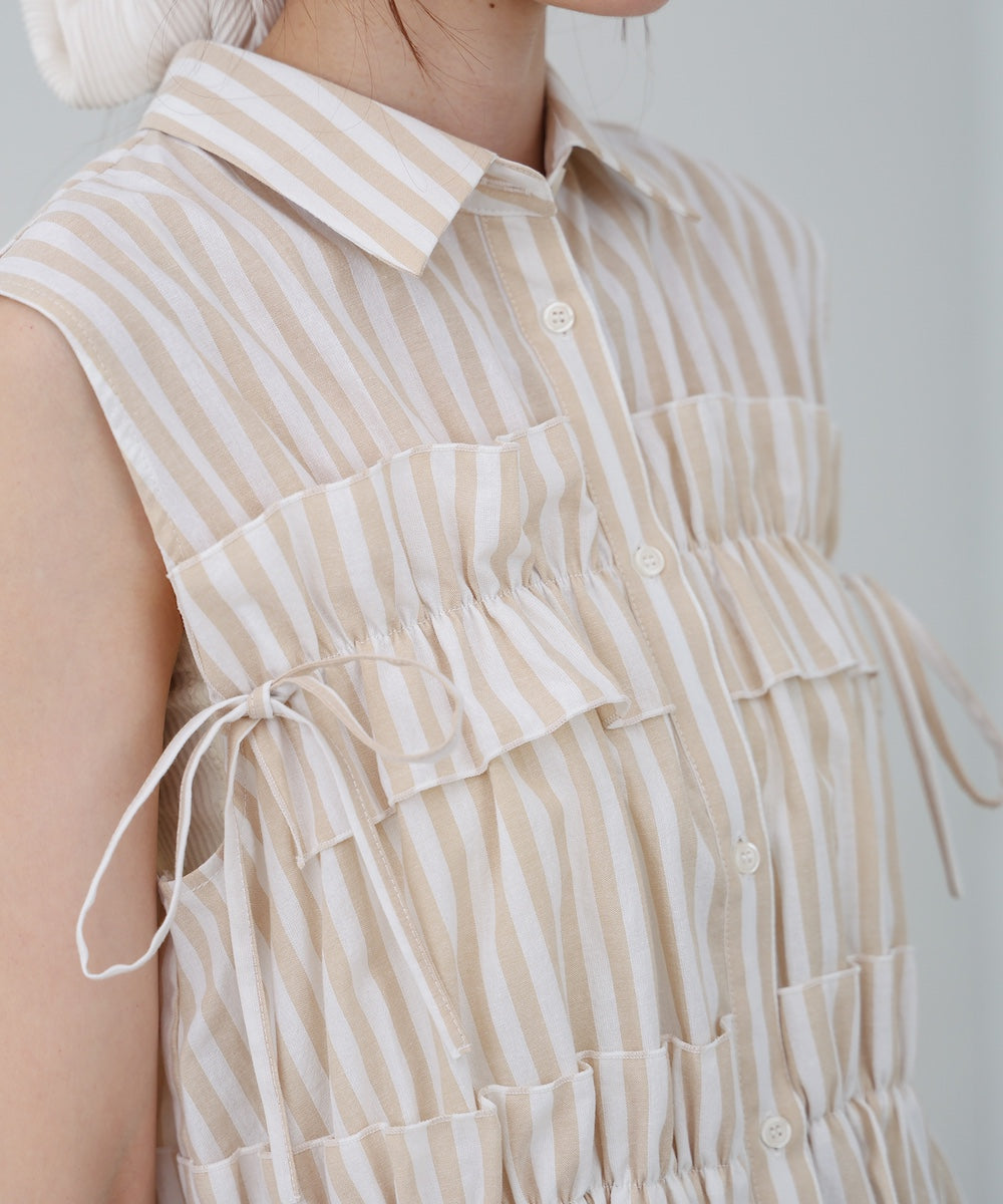 リボンギャザーノースリーブブラウス