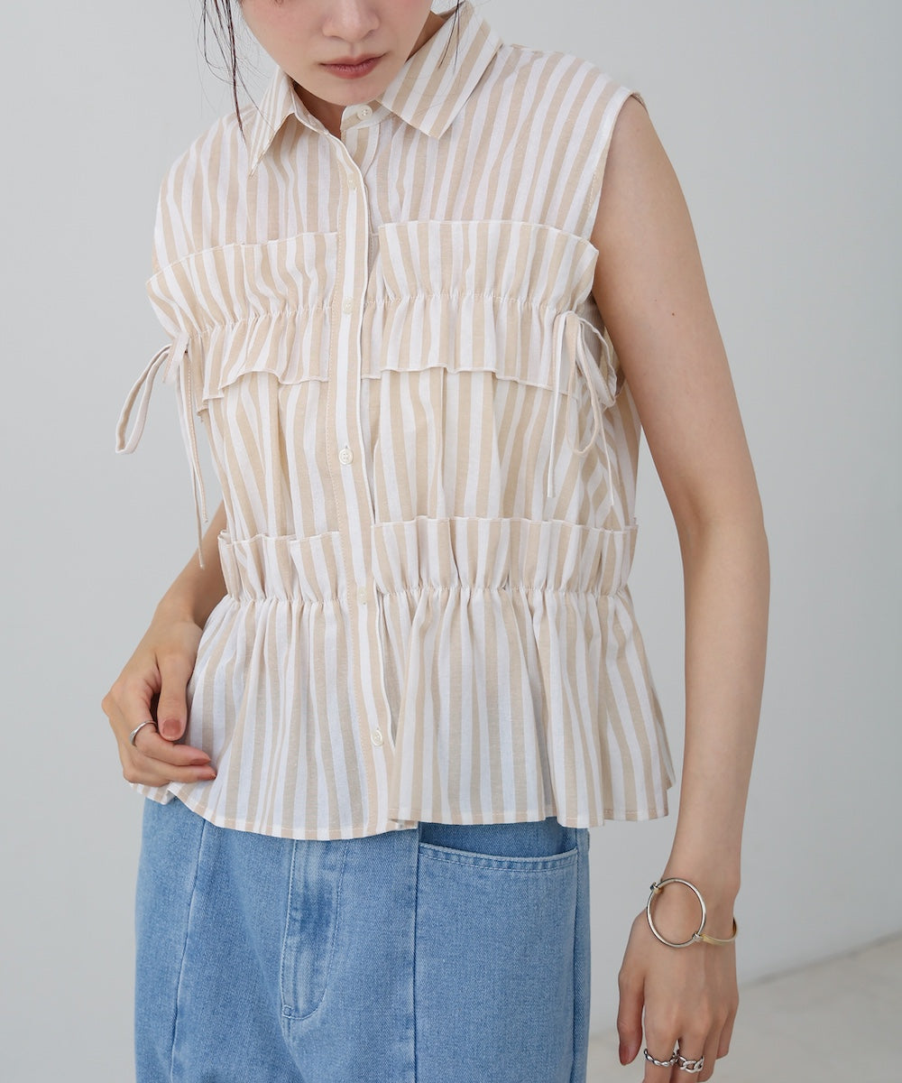 リボンギャザーノースリーブブラウス