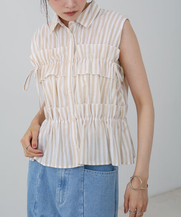 リボンギャザーノースリーブブラウス