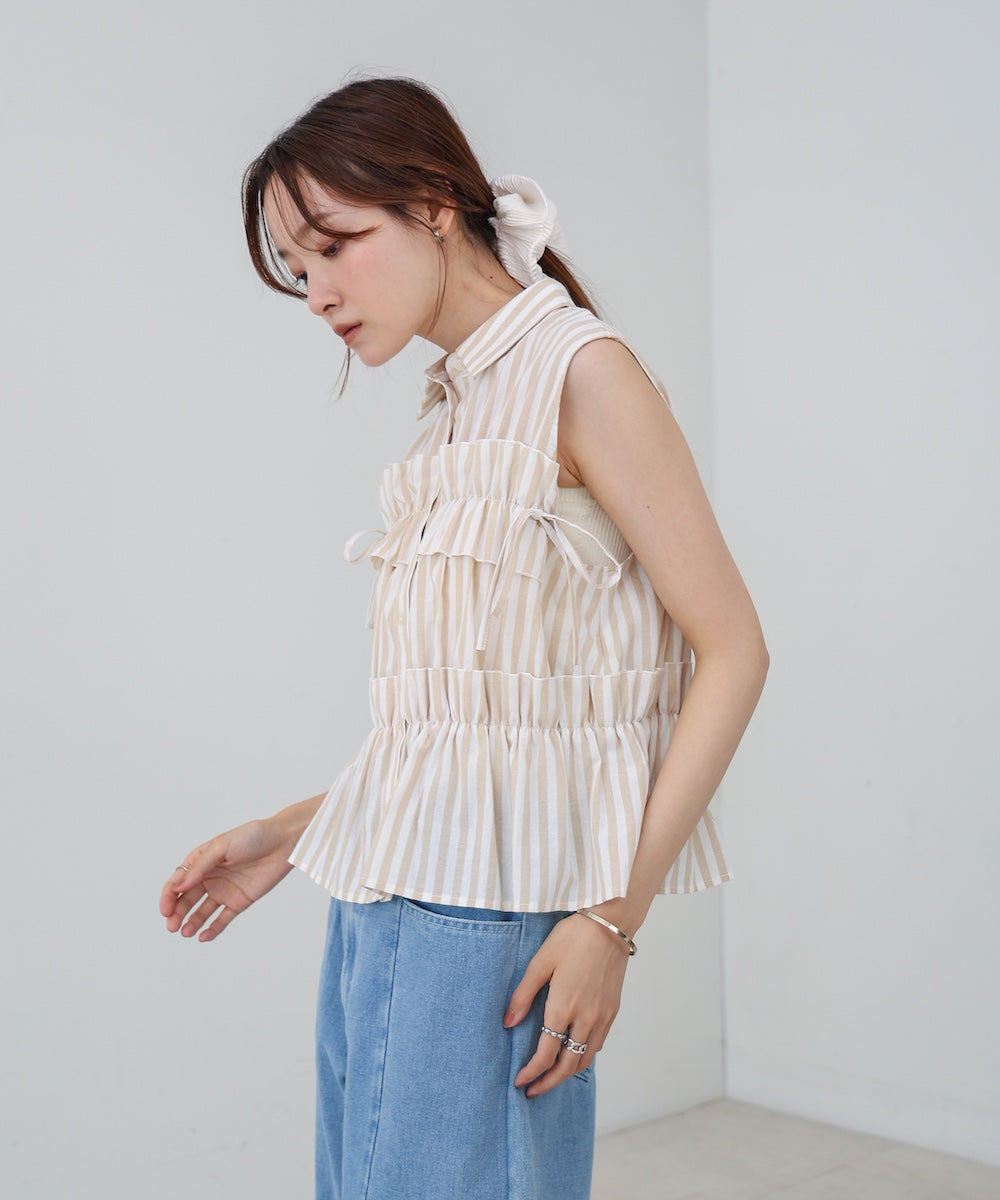 リボンギャザーノースリーブブラウス