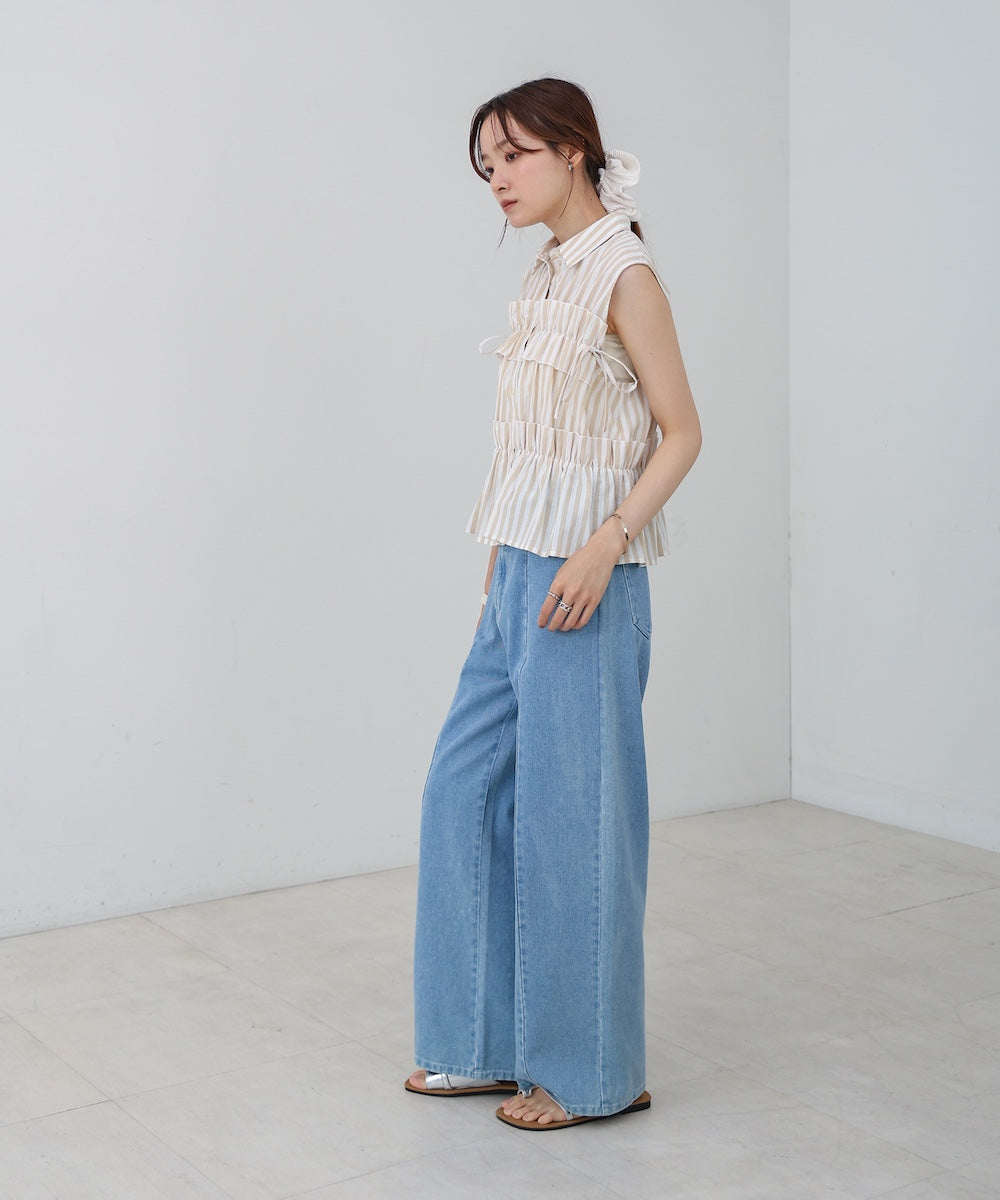 リボンギャザーノースリーブブラウス