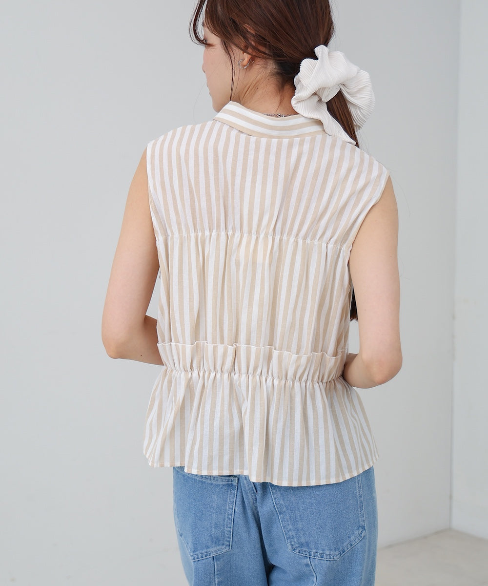 リボンギャザーノースリーブブラウス