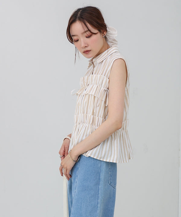 リボンギャザーノースリーブブラウス