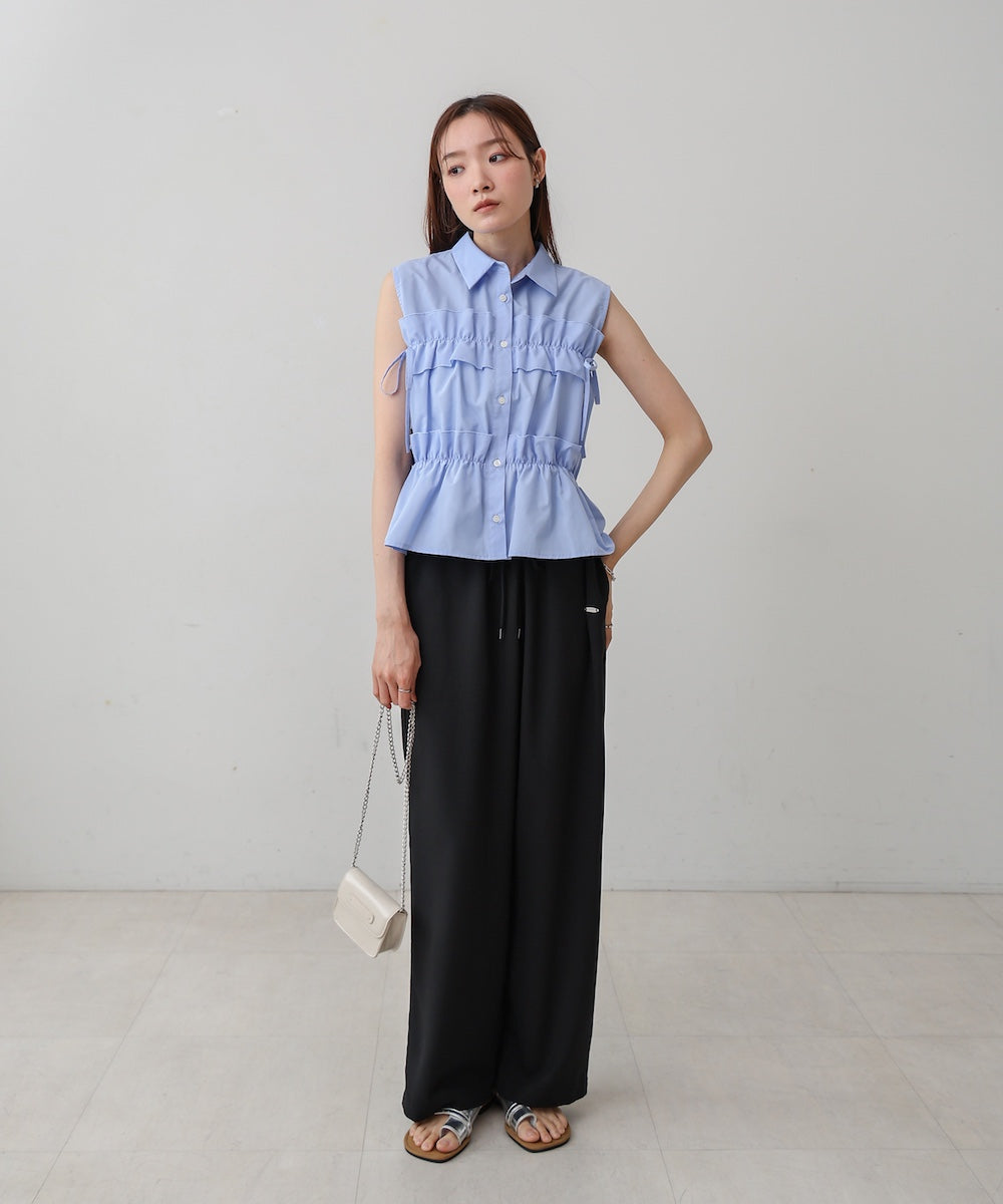 リボンギャザーノースリーブブラウス