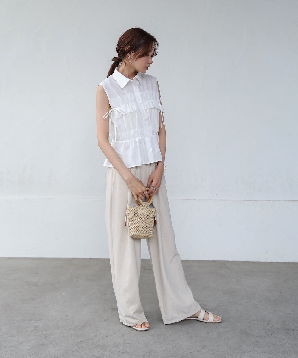 リボンギャザーノースリーブブラウス