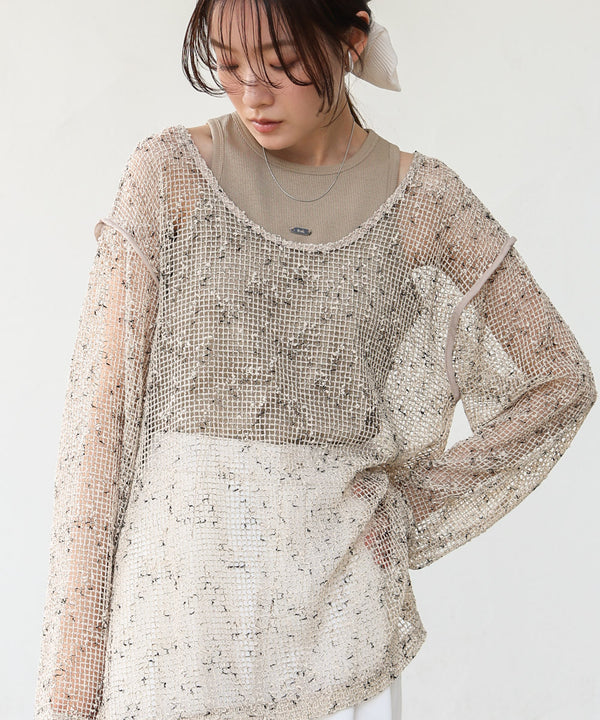 ミックスメッシュニットソートップス