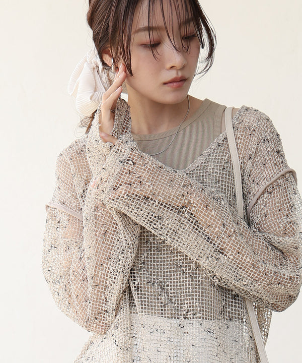 ミックスメッシュニットソートップス