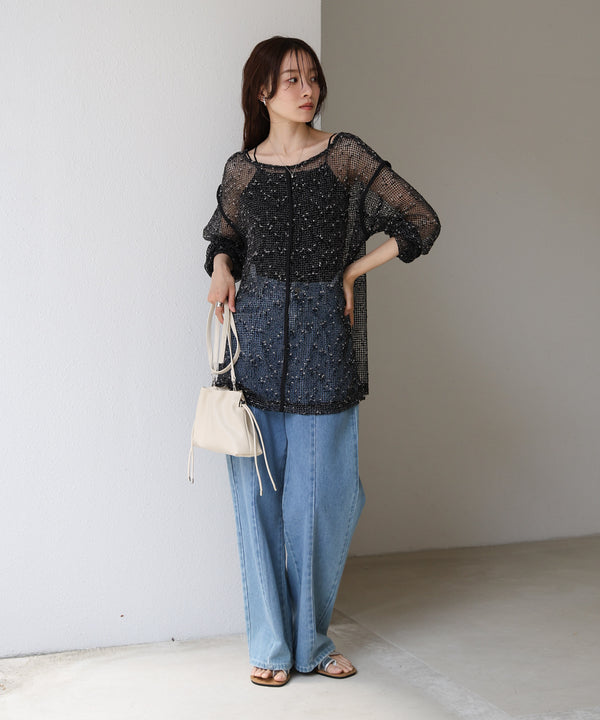 ミックスメッシュニットソートップス