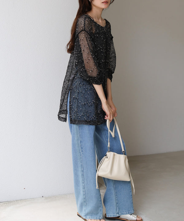 ミックスメッシュニットソートップス