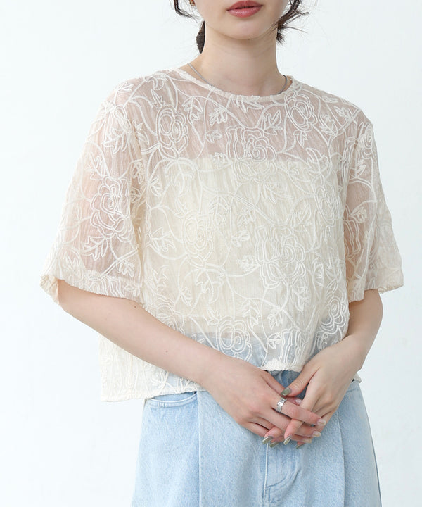 コード刺繍オーガンジーブラウス