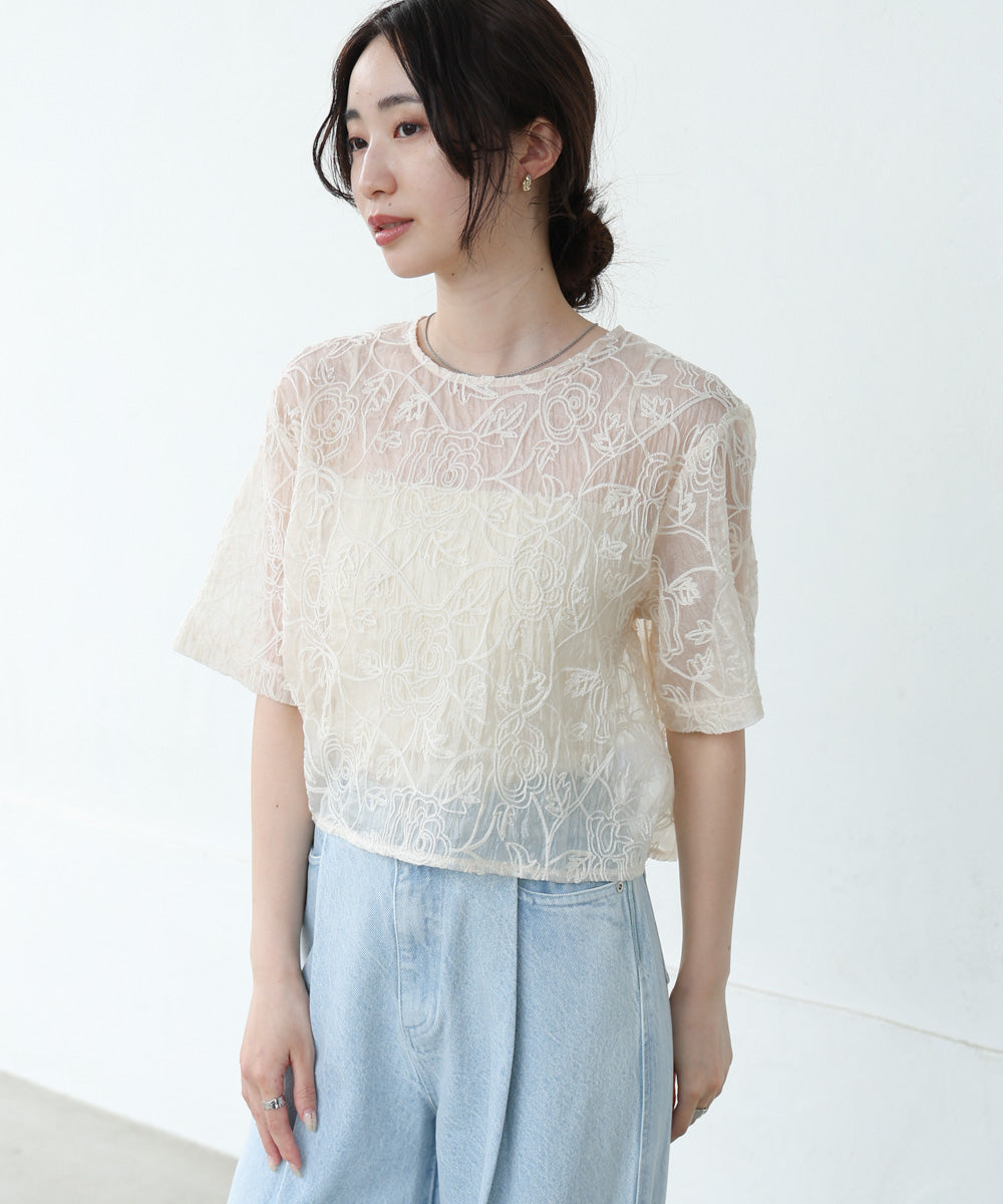 コード刺繍オーガンジーブラウス