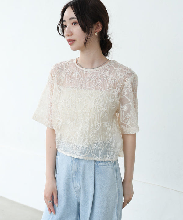 コード刺繍オーガンジーブラウス