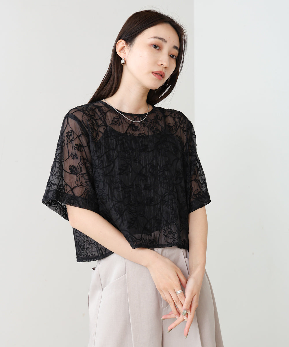 コード刺繍オーガンジーブラウス
