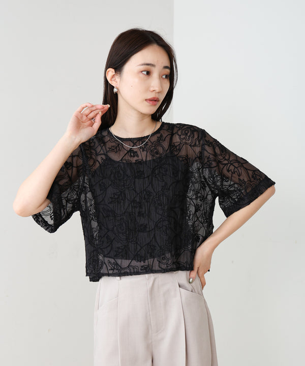 コード刺繍オーガンジーブラウス