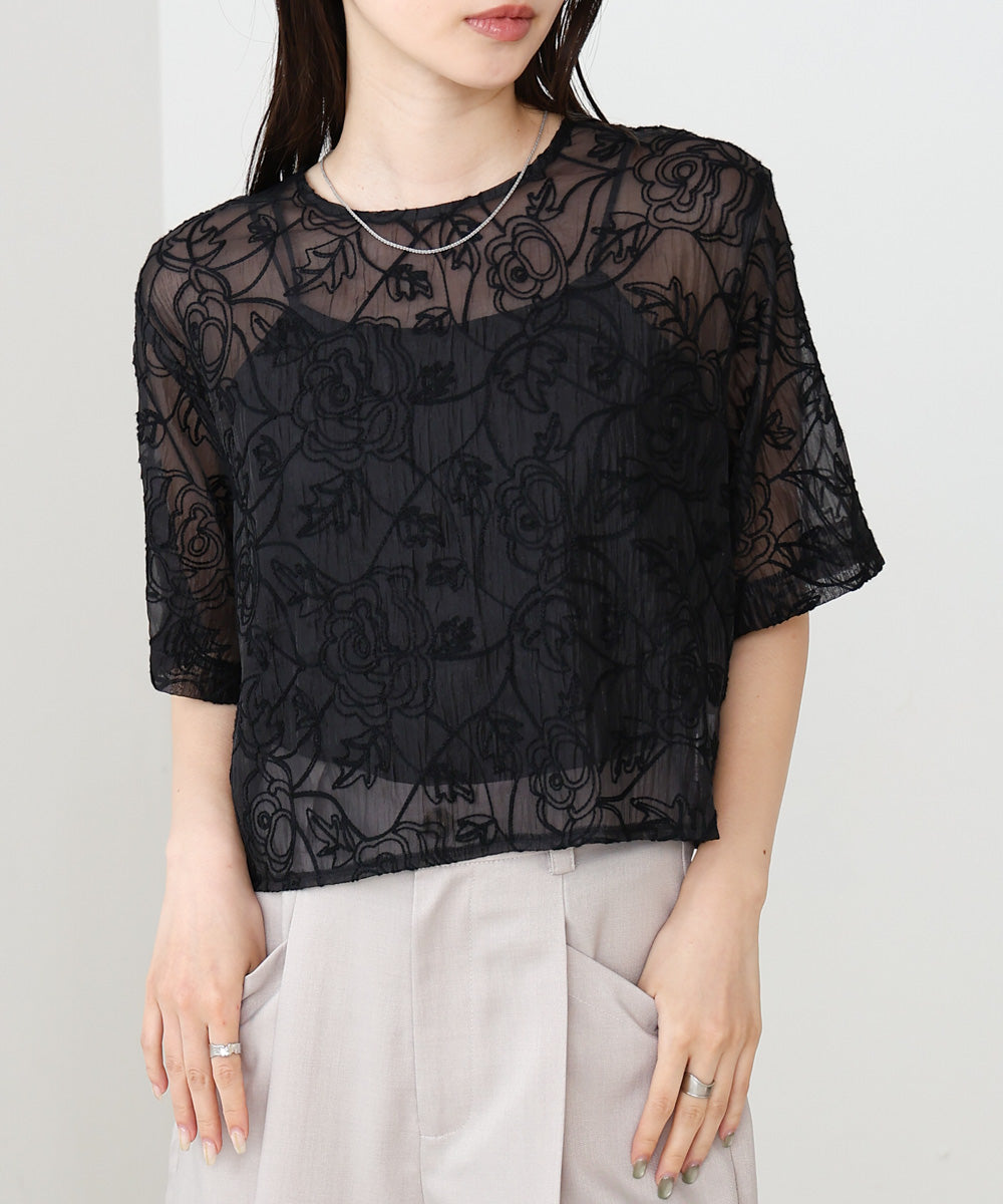 コード刺繍オーガンジーブラウス