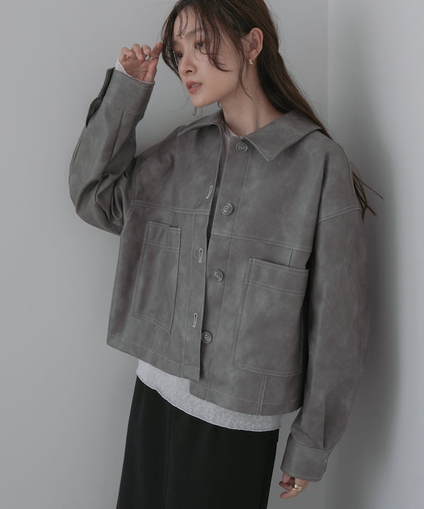 ムラ合皮配色ステッチジャケット