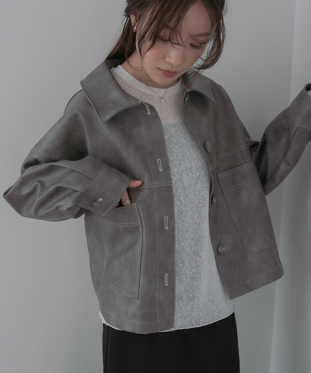 ムラ合皮配色ステッチジャケット