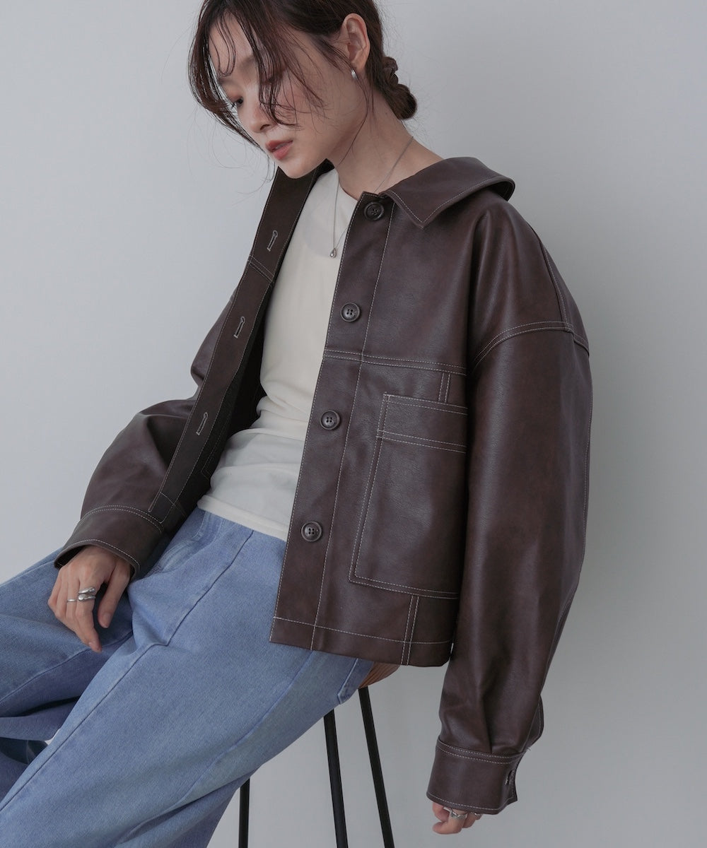 ムラ合皮配色ステッチジャケット