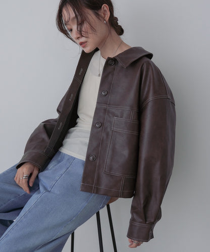 ムラ合皮配色ステッチジャケット