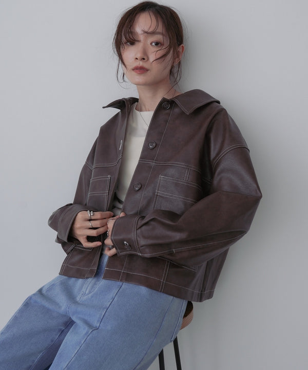 ムラ合皮配色ステッチジャケット