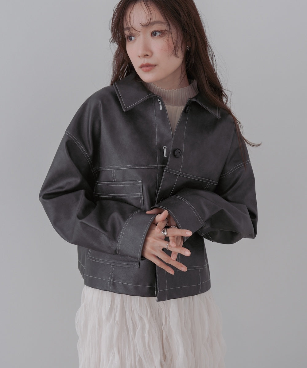 ムラ合皮配色ステッチジャケット