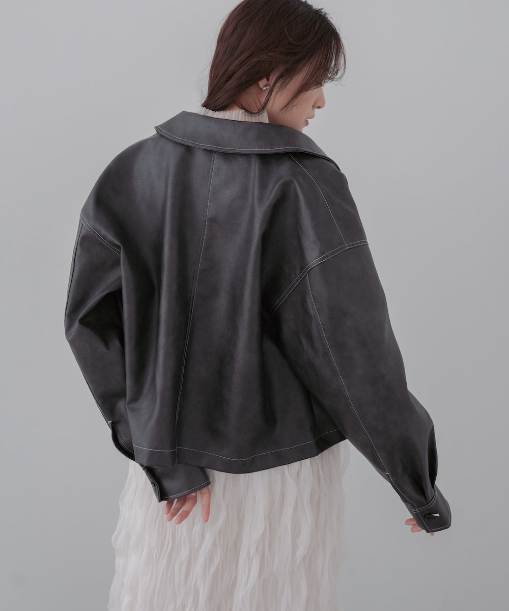 ムラ合皮配色ステッチジャケット