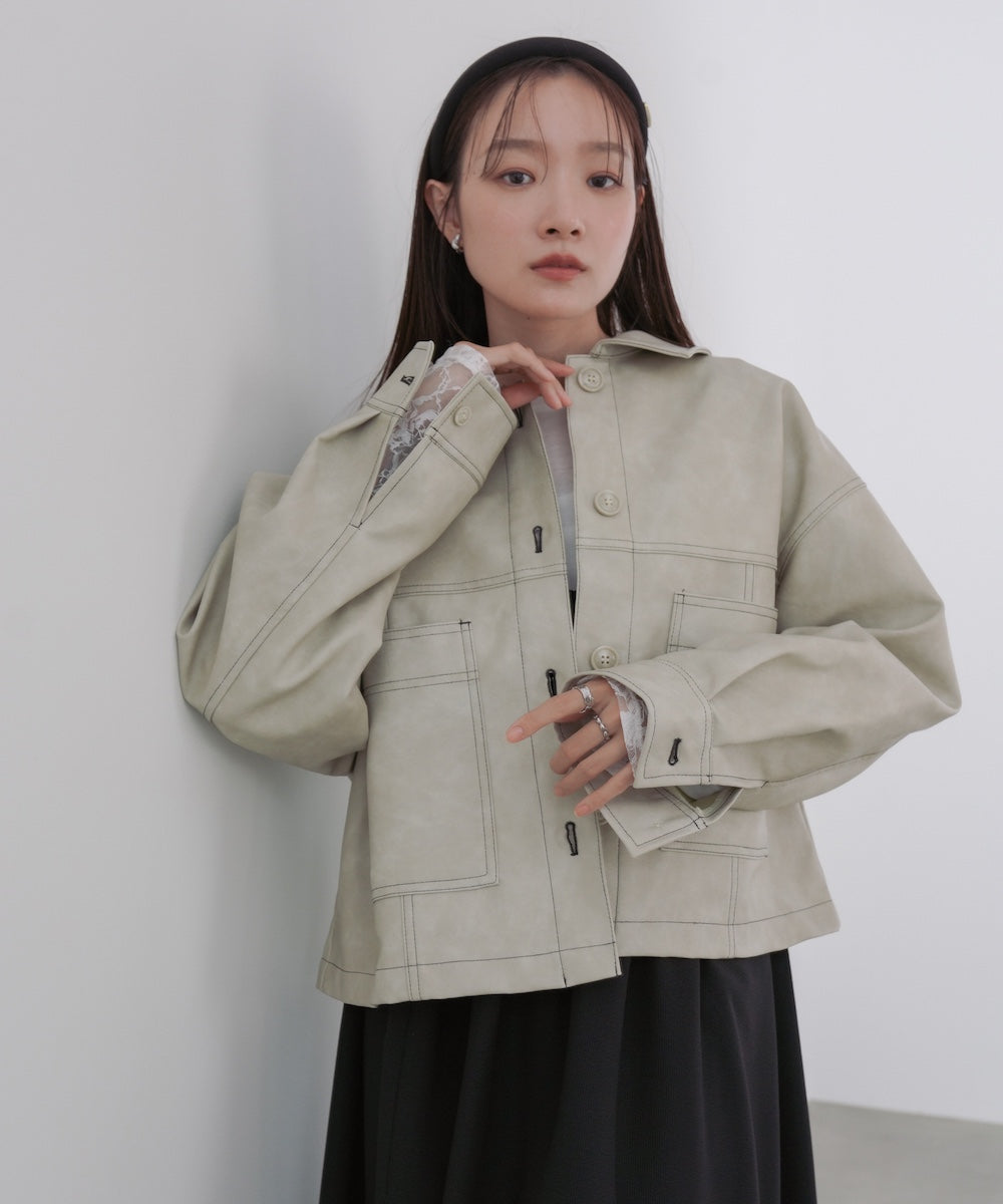 ムラ合皮配色ステッチジャケット